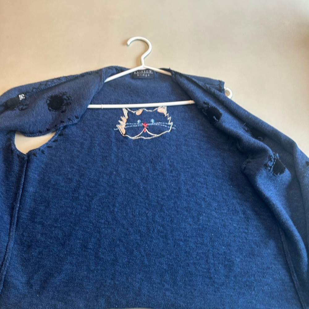 Cottagecore Rainbow Bridge Blue Vintage Knit Blue Sweater Vest with cats M-L - Picture 13 of 14